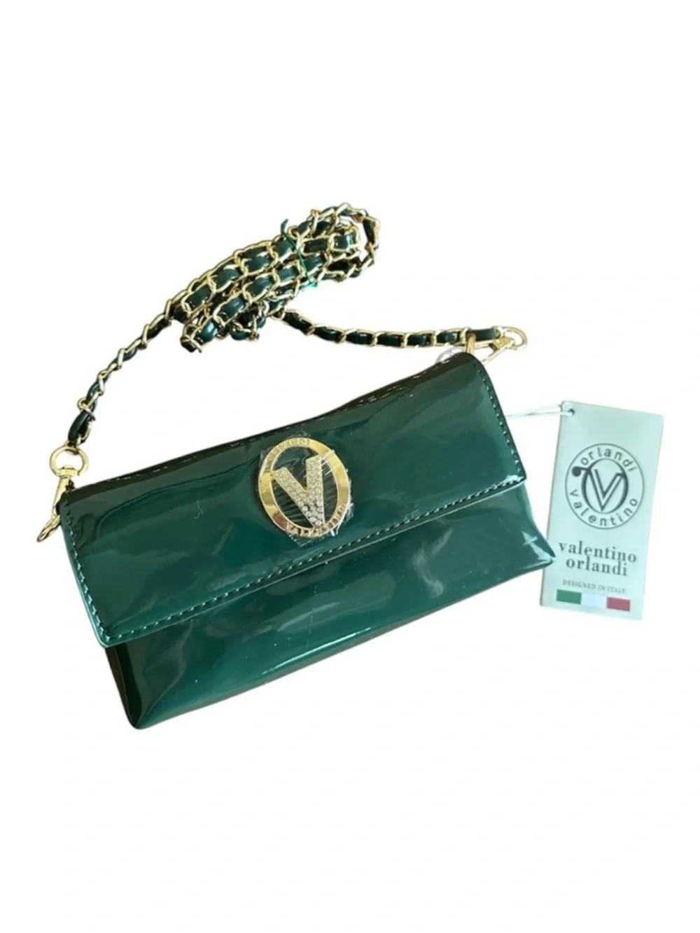 Valentino Orlandi NWT Emerald Green Patent Leather Chain Clutch Crossbody Bag